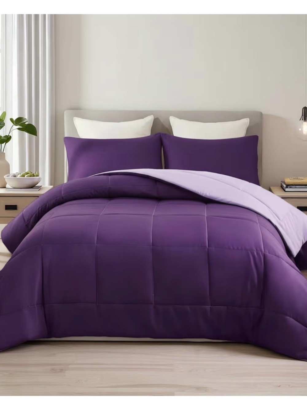 Twin Size Reversible Purple Comforter Set - Soft Solid Bedding